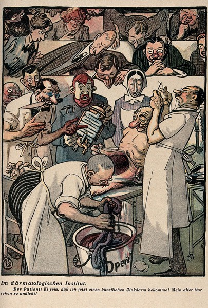 A surgeon is about to implant mechanical intestines in a patient in an operating theatre attended by a crowd of onlookers. Colour lithograph, ca. 1910.
