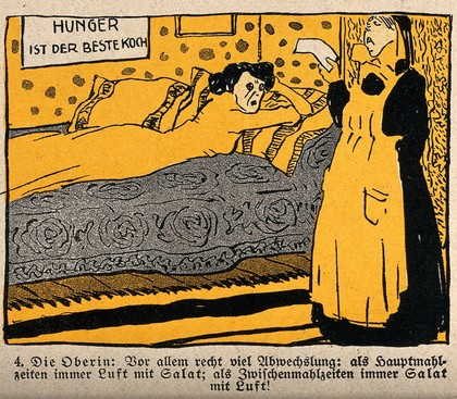 Starvation cure in a a sanatorium: a servant is bringing a message to a lady reclining on a couch in a sanatorium. Colour lithograph after Leonard, ca. 1910.