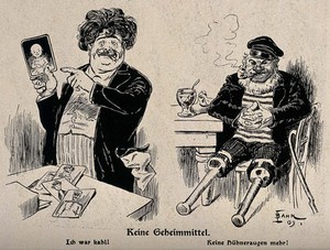 view "No secret remedy": natural solutions to baldness and corns. Lithograph after J. Bahr, 1909.