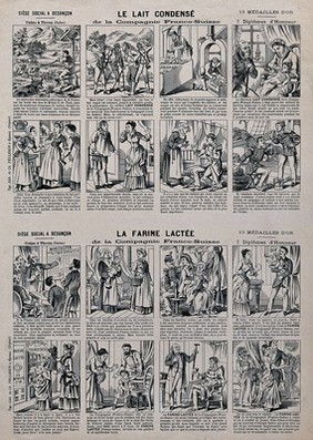 Vignettes showing stages of the production and consumption of condensed milk. Lithograph.