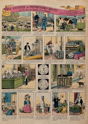 Fifteen stages in the production and consumption of milk from the Laiterie des Propriétaires Réunis. Colour lithograph, 190-.