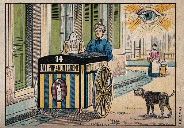 Fifteen stages in the production and consumption of milk from the Laiterie des Propriétaires Réunis. Colour lithograph, 190-.