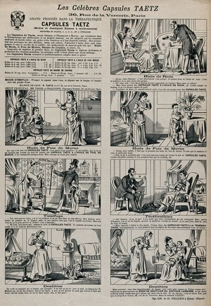 view Vignettes showing the properties and use of Taetz capsules. Lithograph, ca. 1910.