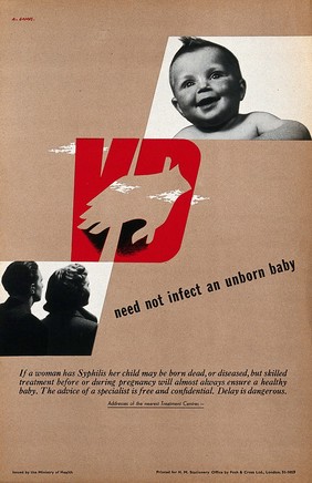 Prevention of congenital syphilis, represented by a baby, a man and a woman, and a hand bursting through the letters "VD". Colour lithograph by A. Games, ca. 1951.