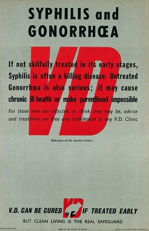 view Prevention and treatment of syphilis and gonorrhoea. Colour lithograph, ca. 1950.