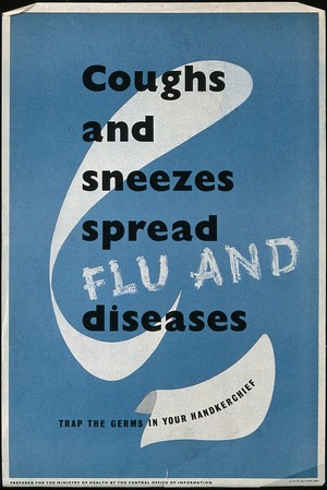 view The use of handkerchiefs to prevent against flu and other diseases. Colour lithograph, ca. 1950 (?).