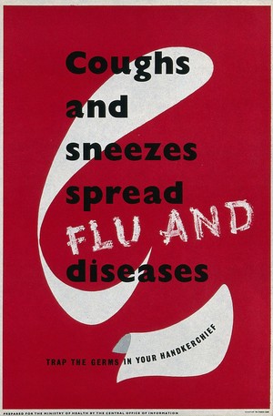 view The use of handkerchiefs to prevent flu and other diseases. Colour lithograph, ca. 1950 (?).