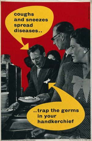 view A man sneezing in a canteen while queuing for food, urging the use of handkerchiefs to prevent infectious diseases. Colour lithograph after R. Mount ca. 1950.