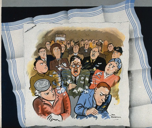 A man sneezing in a cinema, showing the use of handkerchiefs to prevent infectious diseases. Colour lithograph after H.M. Bateman, ca. 1951.