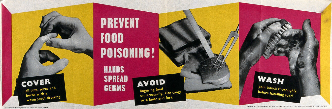 Prevention of food poisoning by covering hand infections with a plaster, avoiding touching food, and keeping hands clean. Colour lithograph, ca. 1963 (?).