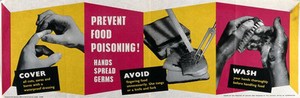 view Prevention of food poisoning by covering hand infections with a plaster, avoiding touching food, and keeping hands clean. Colour lithograph, ca. 1963 (?).