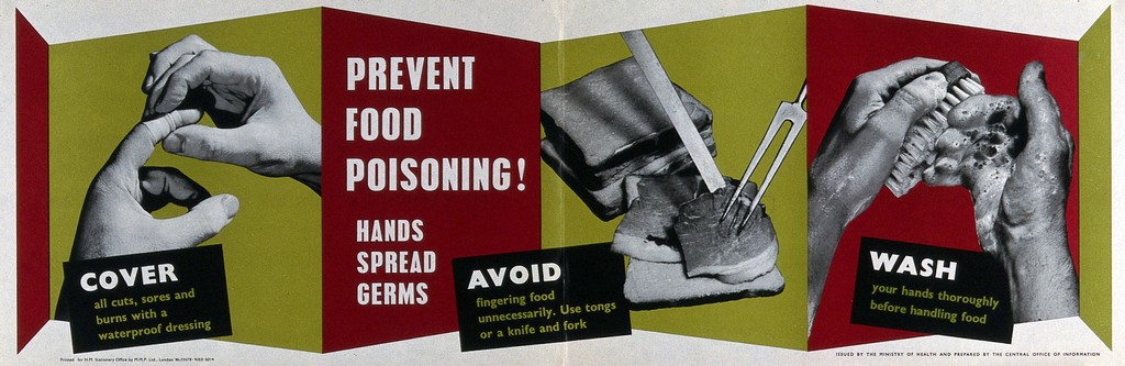 Prevention of food poisoning by covering hand infections with a plaster, avoiding touching food, and keeping hands clean. Colour lithograph, ca. 1963.