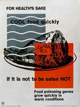 Prevention of food poisoning by cooling hot food quickly, shown by a roast joint on a dish. Colour lithograph, ca. 1962.