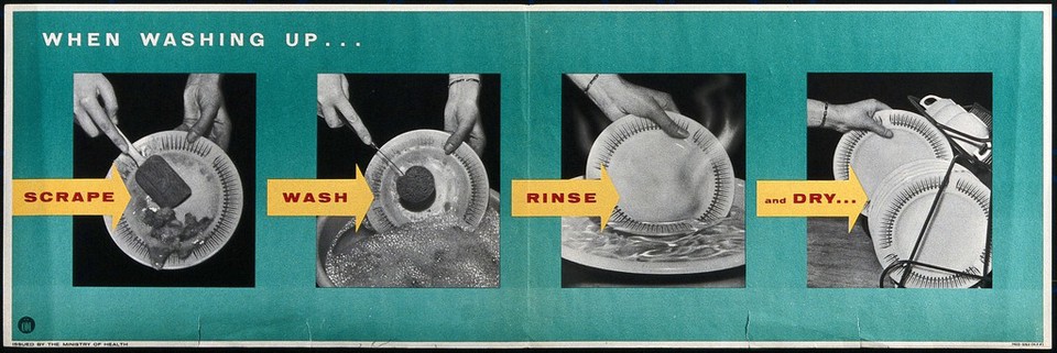 Cleanliness in the washing up of dishes. Colour process print, ca. 1960.