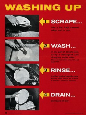 Cleanliness in the washing up of dishes and leaving them to dry on a rack. Lithograph, 196-.