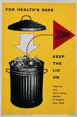 A full dustbin with the lid lifted off; representing the danger of food poisoning through flies and bins. Colour lithograph, ca. 1964.