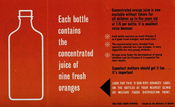 The outline of a bottle, advertising concentrated orange juice as beneficial to children. Colour lithograph after Eileen Evans.