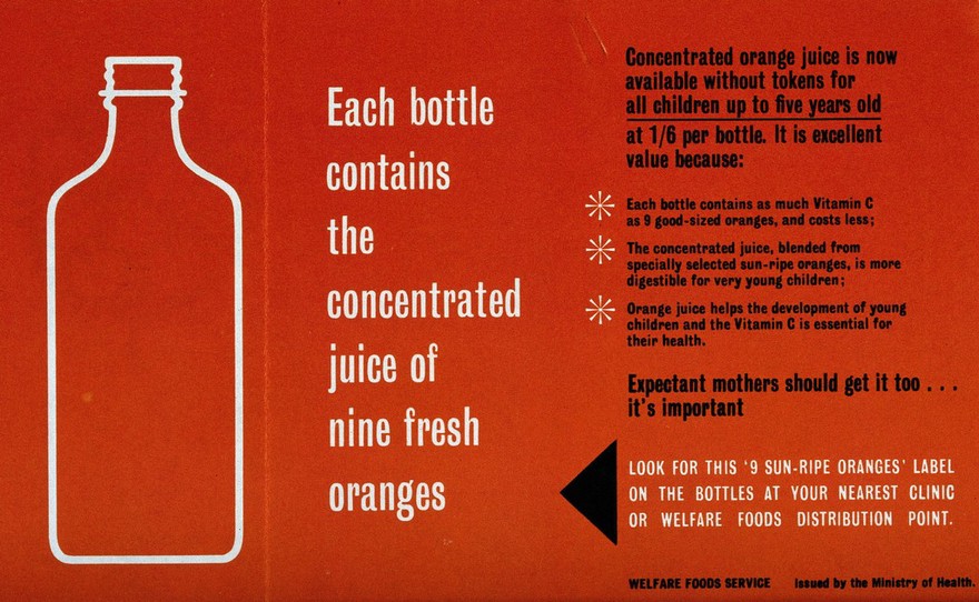 The outline of a bottle, advertising concentrated orange juice as beneficial to children. Colour lithograph after Eileen Evans.