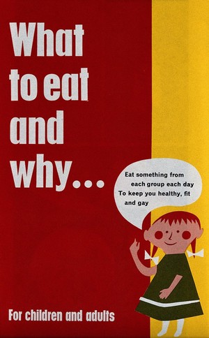view A little girl with pigtails, recommending a balanced diet. Colour lithograph, 1966.