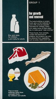 Sources of protein for children and adults: milk, meat, fish, eggs and cheese. Colour lithograph, 1966.