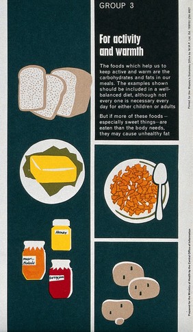 Sources of carbohydrates and fats for children and adults: bread, butter, cereals, mushrooms and jam. Colour lithograph, 1966.
