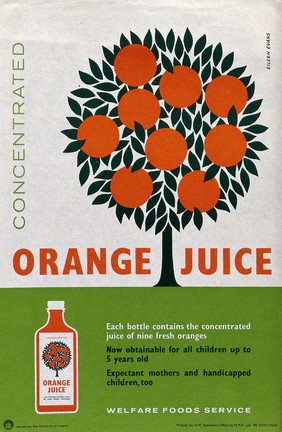 An orange tree and a bottle of orange juice, advertising concentrated orange juice as beneficial to children. Colour lithograph by Eileen Evans.