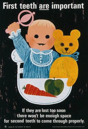 A toddler and his teddy bear in a high chair on which are placed a carrot and an apple; representing dental hygiene. Colour lithograph after Tllley, 1965.