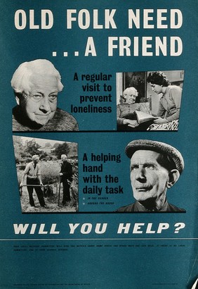 An old woman and a visitor in a living room, and two old men in a garden; representing the need for care of elderly people in Wales. Lithograph, ca. 1960.