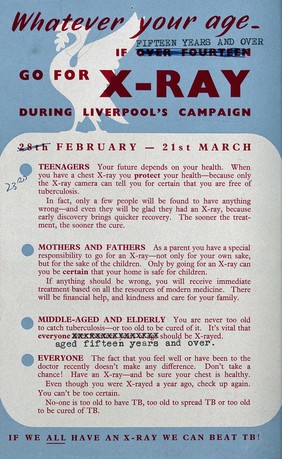 A white liver bird, and messages to people in Liverpool advocating chest x-rays for diagnosis of tuberculosis. Colour lithograph, 1959.