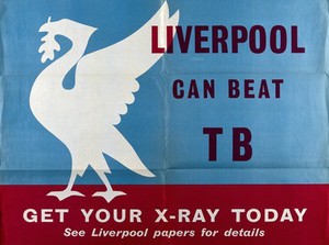 view A white liver bird representing Liverpool's x-ray campaign against tuberculosis. Lithograph, 1959.