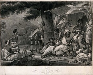 view People and scenery representing the continent of Africa. Stipple engraving by J.D. Nargeot after C.A. Chasselat.