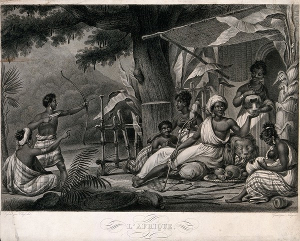People and scenery representing the continent of Africa. Stipple engraving by J.D. Nargeot after C.A. Chasselat.