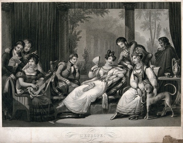 Three women and five men gathered in a room which opens up to classical architecture, the group on the left is making music while the others are engaged in conversation; representing the continent of Europe. Stipple engraving by Nargeot after C.A. Chasselat.