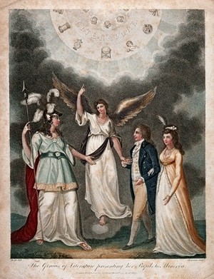 view A winged woman (the genius of literature) presents an elegant couple to the Roman goddess of wisdom, Minerva, above the group appears a triangle (sign of God) surrounded by cherubs, signs of the sciences and the lettering "Literature". Colour stipple engraving by J.W. Chapman after Dodd.