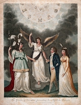 A winged woman (the genius of literature) presents an elegant couple to the Roman goddess of wisdom, Minerva, above the group appears a triangle (sign of God) surrounded by cherubs, signs of the sciences and the lettering "Literature". Colour stipple engraving by J.W. Chapman after Dodd.