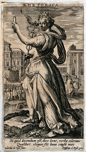 view A woman standing in a market place, a scroll in her left hand, a caduceus in her right, while to her right a play is performed, to her left two men are debating; representing Rhetoric. Engraving after M. de Vos.