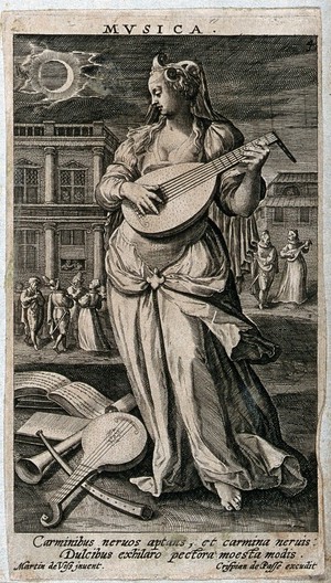 view A woman holding a string instrument looking down on a score, next to which other instruments are lying, in the background a nocturnal concert; representing Music. Engraving after M. de Vos.