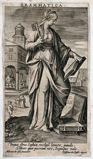 view A woman with a key and four books standing in front of a tower with an open loggia in which a man is teaching children; representing Grammar. Engraving after Martin de Vos.