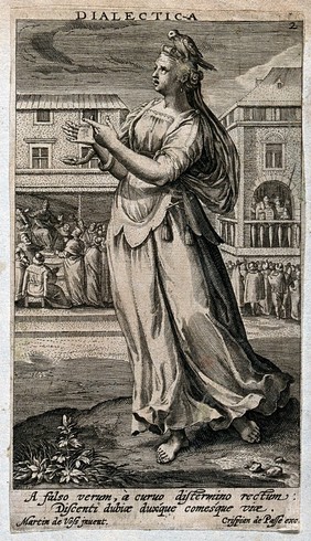 A woman making gestures of speech, having a snake around her wrist and a parrot on her head, is standing in a market place with a court scene to her left and a verdict being read out to her right; representing Dialectic. Engraving after M. de Vos.