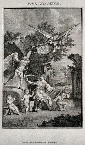 A young artist, sitting among the ruins of mediaeval buildings and drawing a modern country house, holds up his pencil to stop the approaching Chronos, god of time; above, the winged figure of Fame trumpets his genius and awards him a wreath of honour for resisting time. Engraving, 1781.