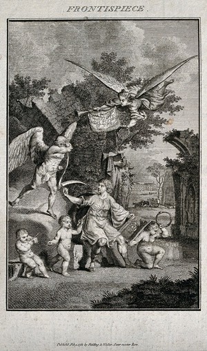 view A young artist, sitting among the ruins of mediaeval buildings and drawing a modern country house, holds up his pencil to stop the approaching Chronos, god of time; above, the winged figure of Fame trumpets his genius and awards him a wreath of honour for resisting time. Engraving, 1781.