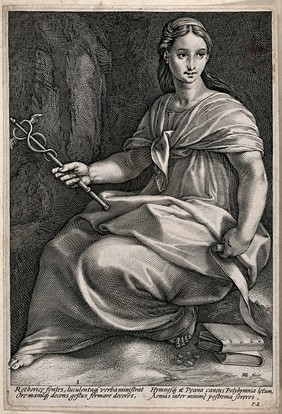 The Muse Polyhymnia seated with attributes of eloquence: a scroll, two books, and a caduceus. Engraving by H. Goltzius, 1592.