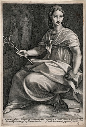 view The Muse Polyhymnia seated with attributes of eloquence: a scroll, two books, and a caduceus. Engraving by H. Goltzius, 1592.