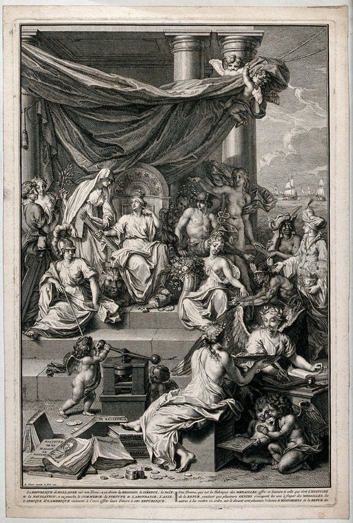 The personification of the Republic of Holland is surrounded by representations of Religion, Liberty, Peace, Navigation, Commerce, Fortune and Abundance, as well as Asia, Africa and America; representing the glory of the Republic of Holland. Engraving by B. Picart.