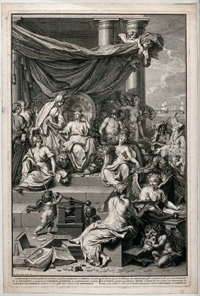 The personification of the Republic of Holland is surrounded by representations of religion, liberty, peace, navigation, commerce, fortune and abundance, as well as Asia, Africa and America; representing the glory of the Republic of Holland. Engraving by B. Picart.