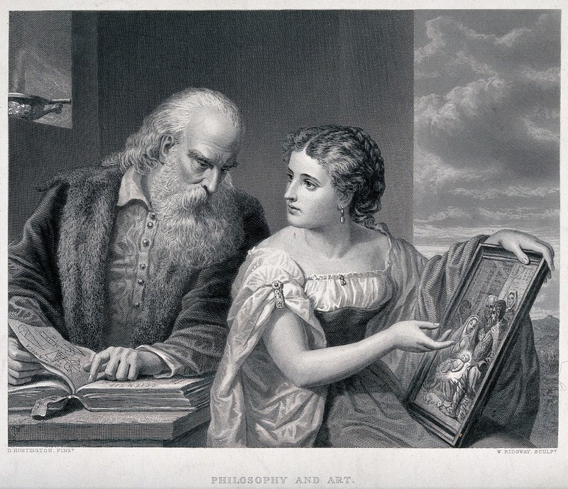 A bearded old man and a young woman representing Philosophy and Art respectively: he points to a book about mechanics and science, while she points to a painting of the Nativity of Christ. Engraving by W. Ridgway after D. Huntington., by Daniel Huntington
