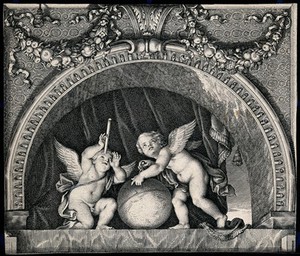 view Two winged boys in a lunette with telescope, dividers and a globe; representing Geography (?). Etching.