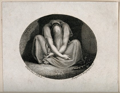 A woman sitting on the ground with crossed legs, her head covered in her lap; representing Silence. Etching by F. Legat, 1801, after J.H. Füssli, 1800.