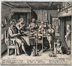 view A family sitting round the dinner table, the mother serving food, the father making an authoritative gesture towards his praying son, the two daughters sit next to the mother while the youngest child is fed next to the fire place; representing Concord. Engraving by C. de Passe after M. de Vos.