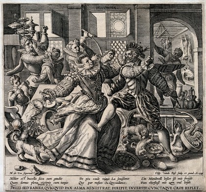 The members of a rich family are embroiled in a fight, the husband is kicking the wife, who in turn is about to hit him with the keys, the rest of the household, including children and animals, follows suit; representing Discord. Engraving by C. de Passe after M. de Vos.